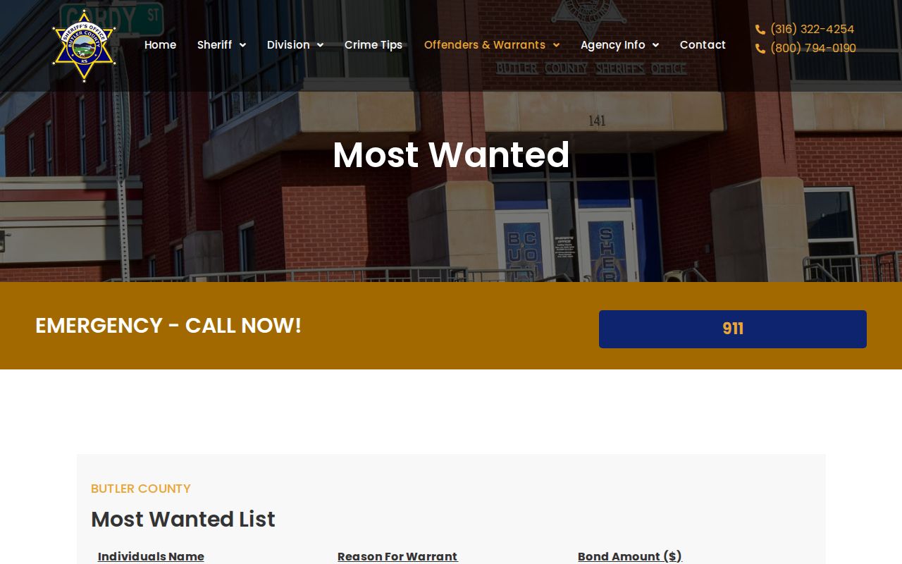 Butler County Sheriff most wanted warrant table